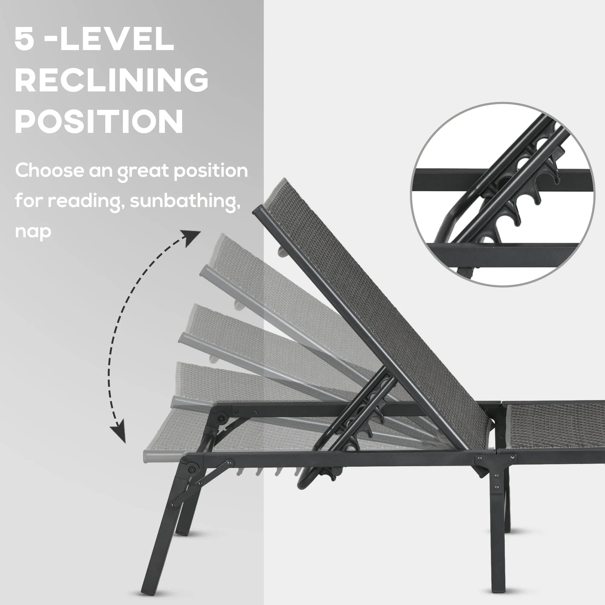 Foldable Rattan Sun Lounger with 5-Level Adjust Backrest, Recliner Chair, Grey