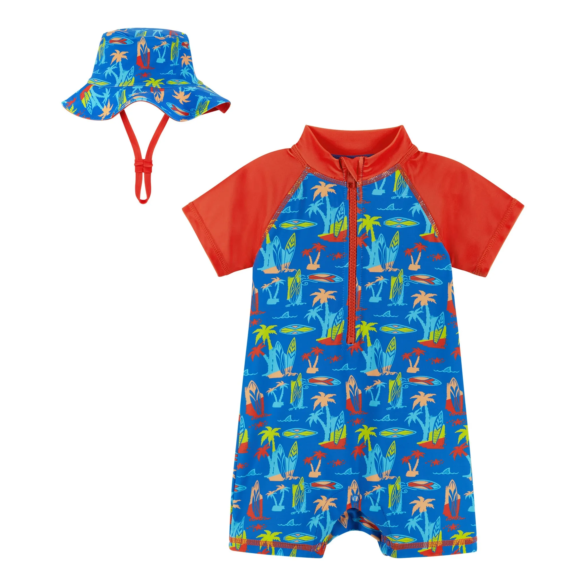 Infant Swim Romper and Hat | Surfboard Print