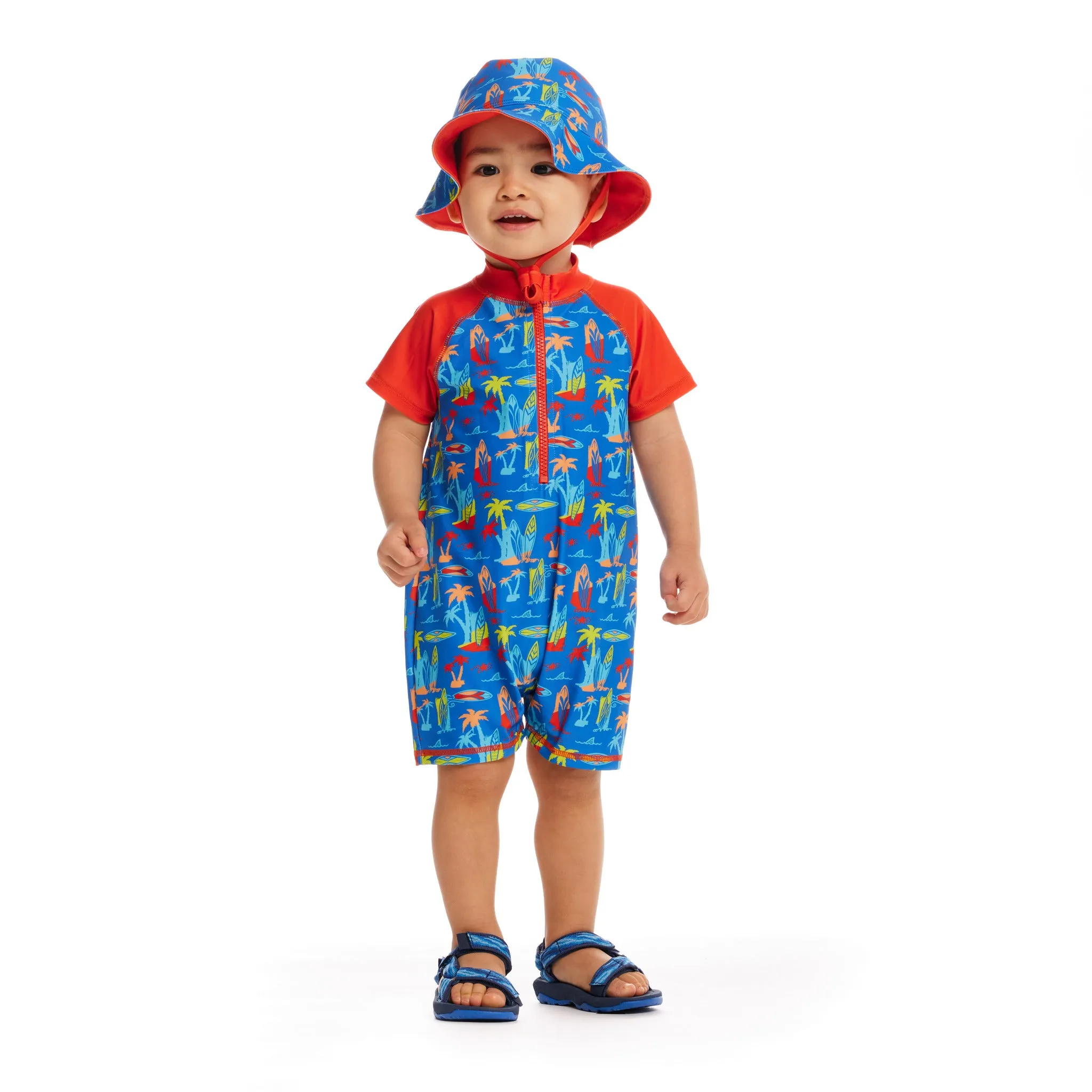 Infant Swim Romper and Hat | Surfboard Print