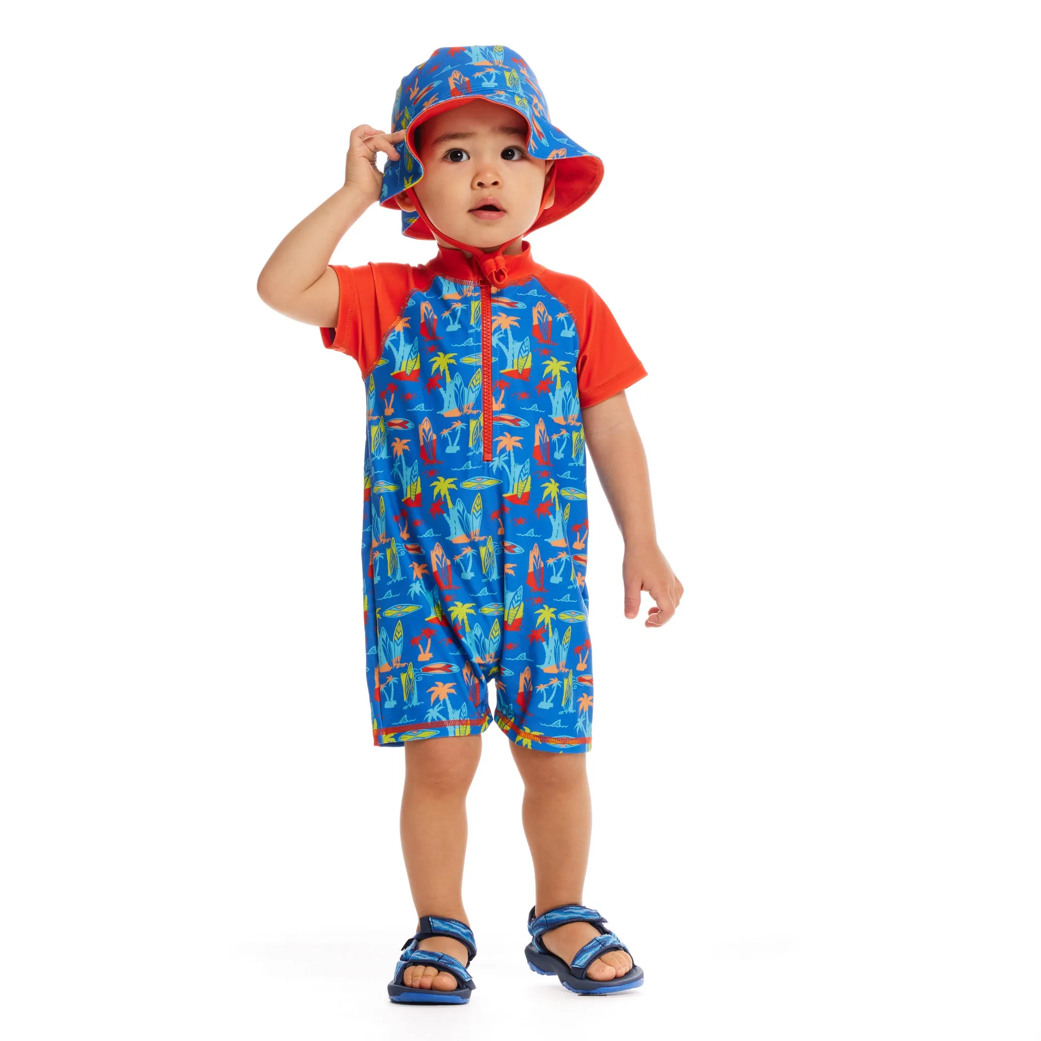 Infant Swim Romper and Hat | Surfboard Print