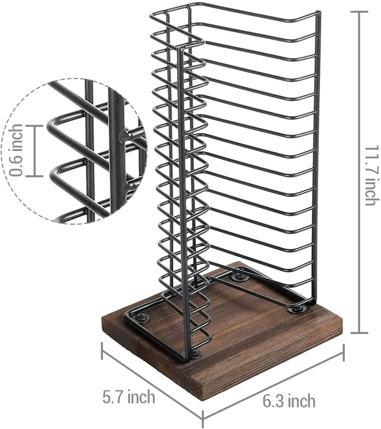 Matte Black Metal Wire and Burnt Wood Base Compact Disc Holder Vertical Storage CD Display Rack, Holds 15 Jewel Cases