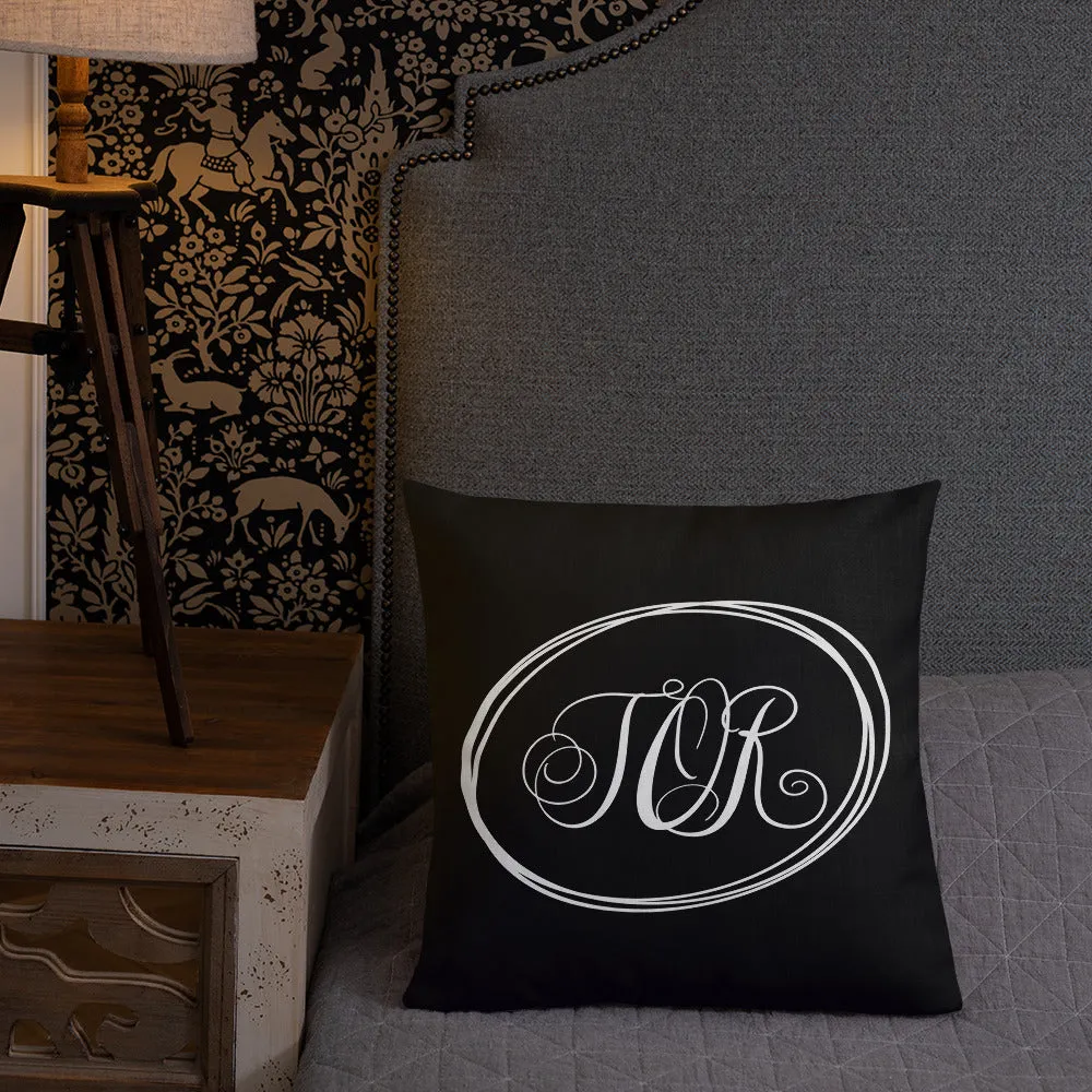 Modern Calligraphy Monogram TOR, Fancy Script Monogram, Black Pillow, White Letters Ovals, Custom Premium Pillow