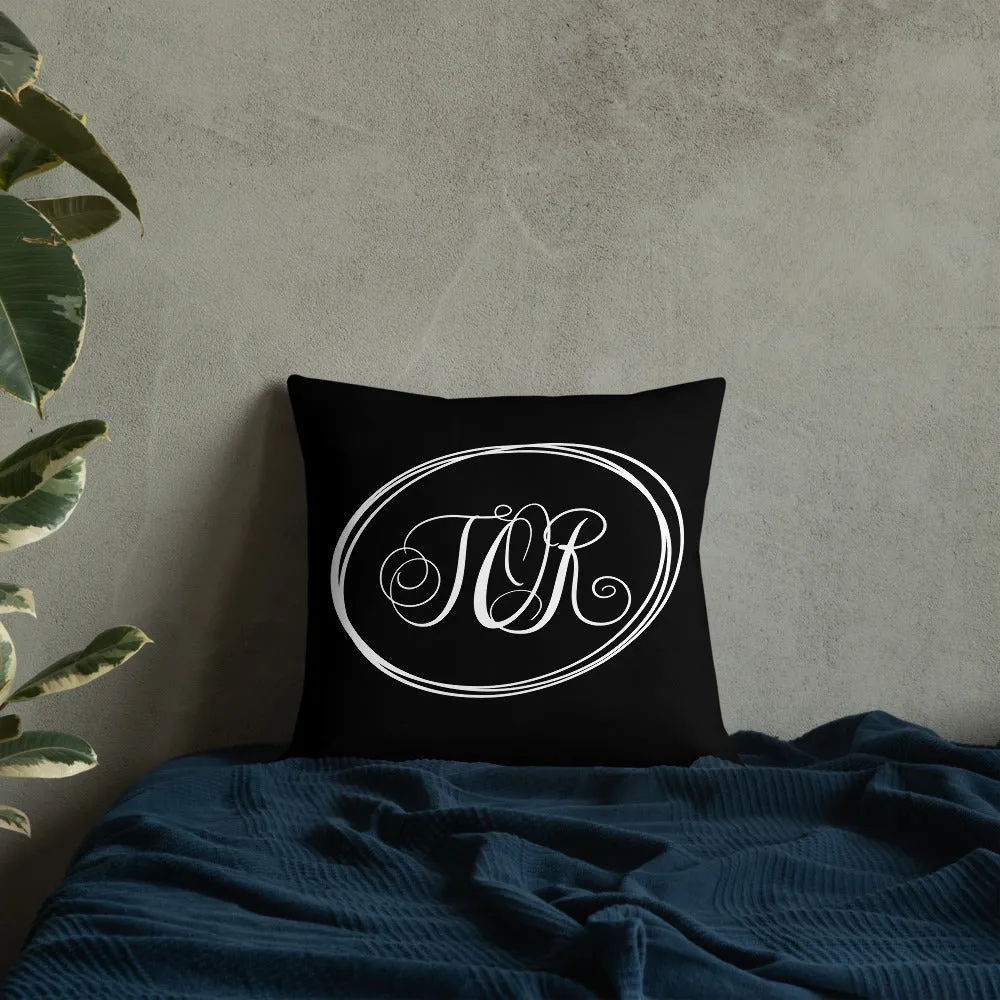 Modern Calligraphy Monogram TOR, Fancy Script Monogram, Black Pillow, White Letters Ovals, Custom Premium Pillow