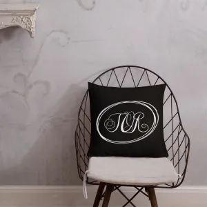 Modern Calligraphy Monogram TOR, Fancy Script Monogram, Black Pillow, White Letters Ovals, Custom Premium Pillow