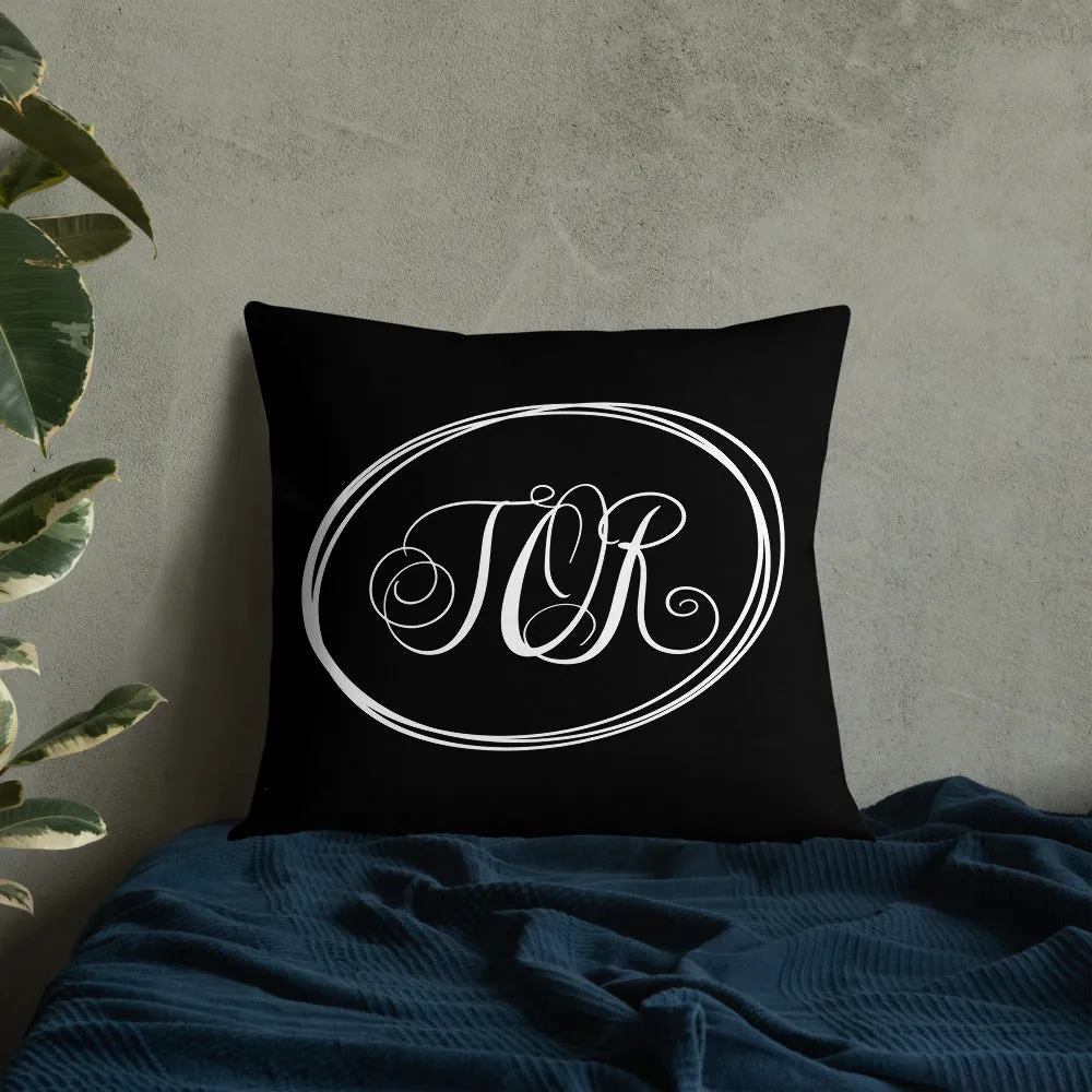 Modern Calligraphy Monogram TOR, Fancy Script Monogram, Black Pillow, White Letters Ovals, Custom Premium Pillow