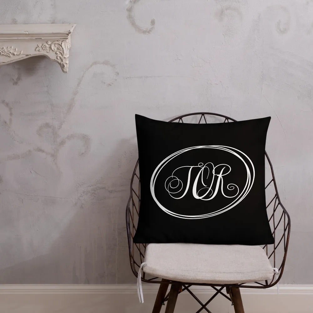 Modern Calligraphy Monogram TOR, Fancy Script Monogram, Black Pillow, White Letters Ovals, Custom Premium Pillow