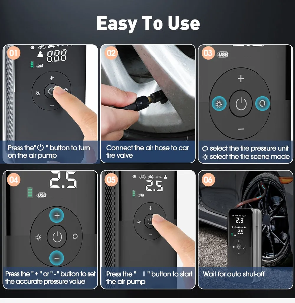 Portable USB Electric Air Pump for Motorcycle,  Bicycle, Car Tire Air Pump USB Outdoor Emergency Air Compressor Digital Display Smart Air Pump