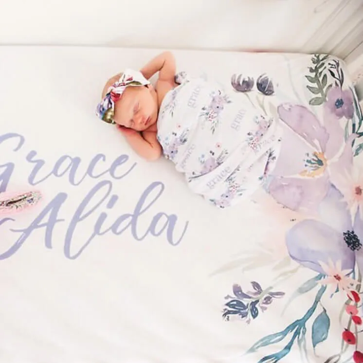 Rowan's Dusty Purple Bouquet Personalized Crib Sheet