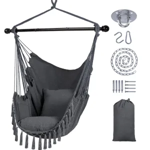 SUNCREAT Hammock Chairs Hammock Chair Swing with Steel Support Bar, Side Pocket, Large Swing Chair for Bedroom, Patio, Garden, Dark Gray