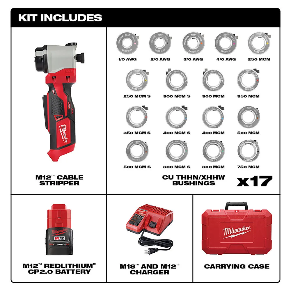 Tool Kit - Milwaukee M12™ Cable Stripper Kit with 17 Cu THHN / XHHW Bushings, 2435CU-21S
